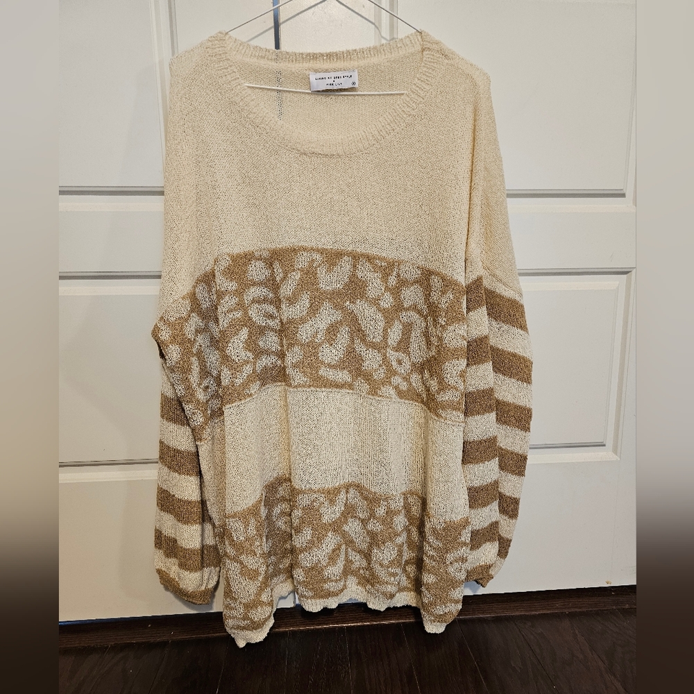 Pink lily tan and cream animal print striped lightweight sweater